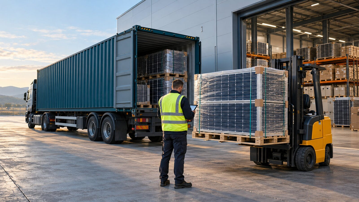 Unloading a container with pallets of solar panels at the warehouse