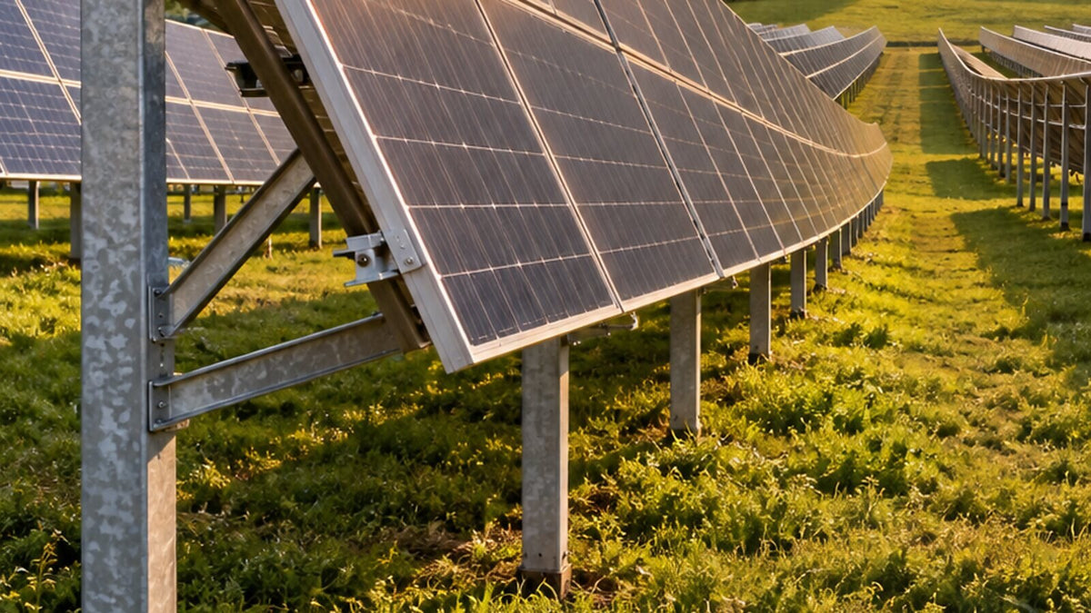 Structură fixă din oțel galvanizat într-un parc fotovoltaic