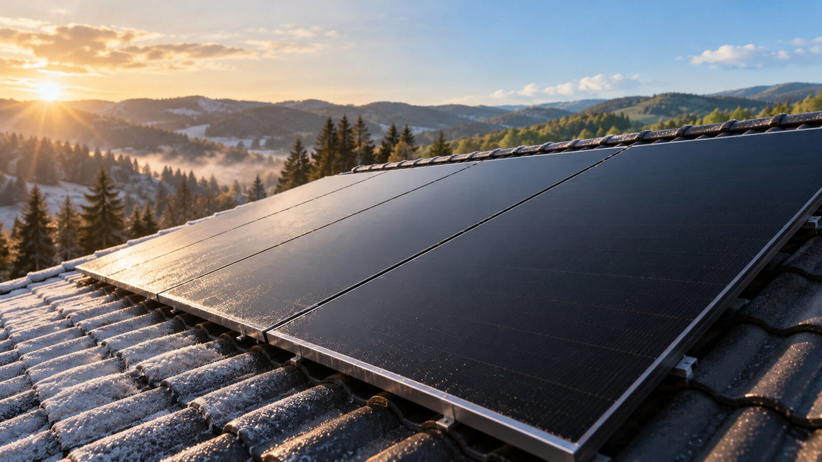 Back-contact solar panels on a tile roof, in winter and summer