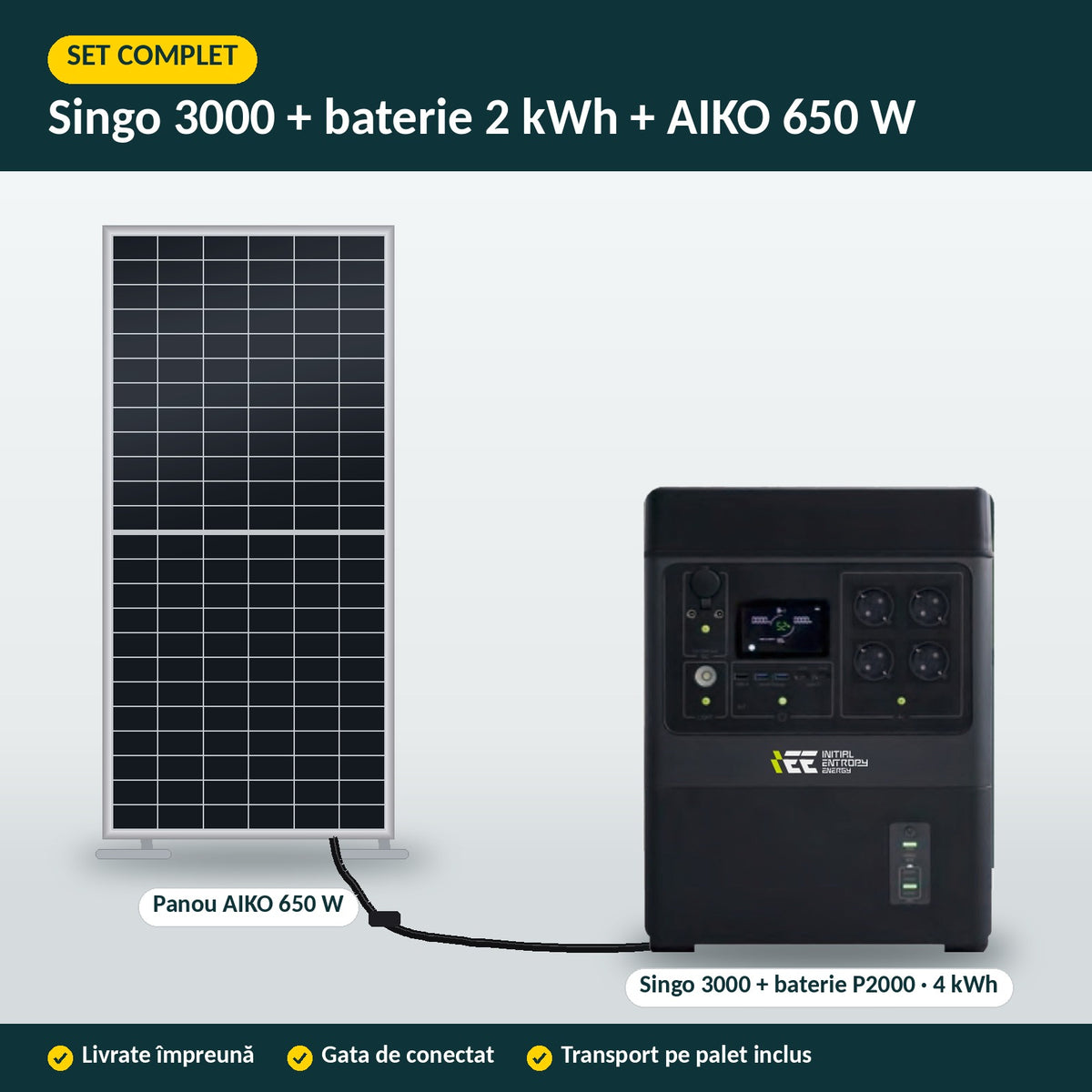 Complete set: Singo 3000 station with the P2000 battery, connected to the AIKO 650 W panel