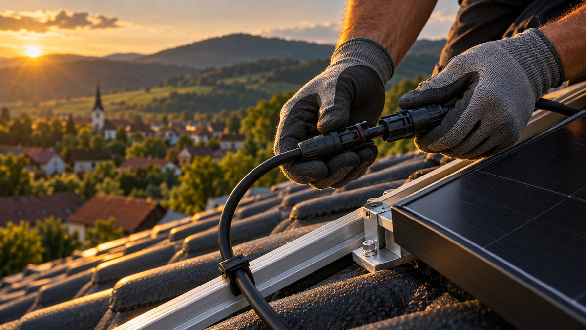 Electrician care conectează o mufă MC4 pe un cablu solar de 6 mm², pe acoperiș