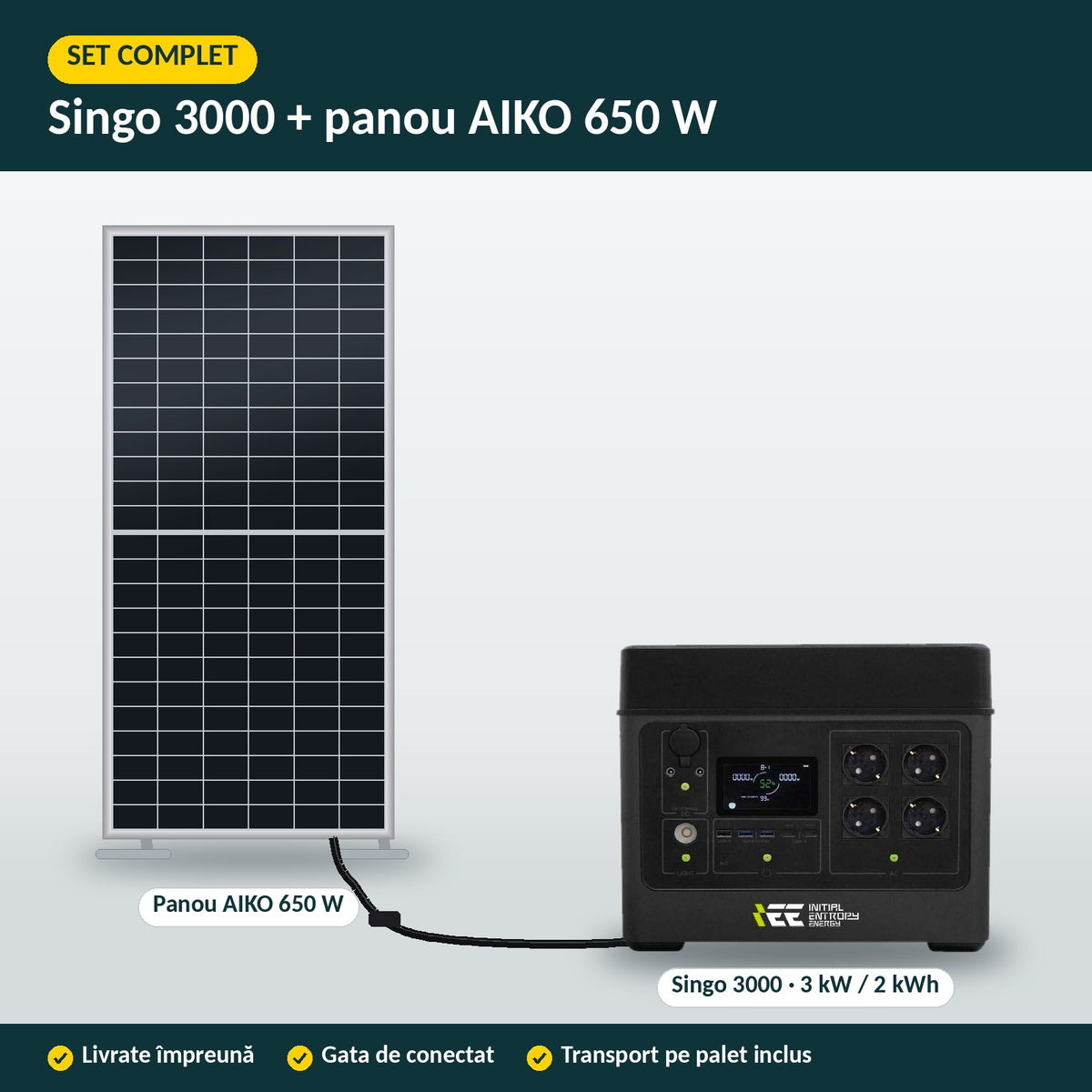 Complete set: Singo 3000 station connected to the AIKO 650 W panel